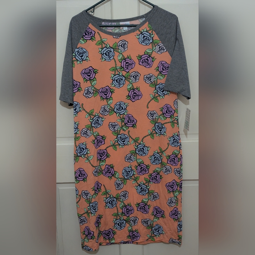 LuLaRoe Julia Dress Floral with Gray Sleeve And Collar Accents